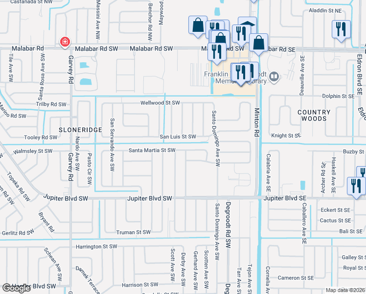 map of restaurants, bars, coffee shops, grocery stores, and more near 323 Santa Martia Street Southwest in Palm Bay