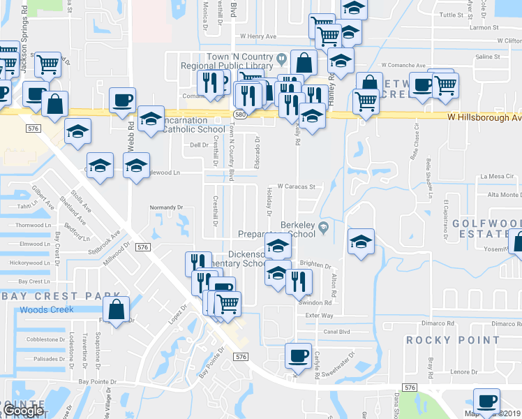 map of restaurants, bars, coffee shops, grocery stores, and more near 4920 El Dorado Drive in Tampa