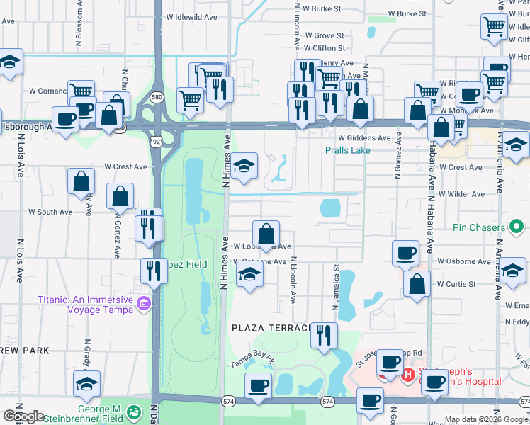 map of restaurants, bars, coffee shops, grocery stores, and more near 3317 West Ellicott Street in Tampa