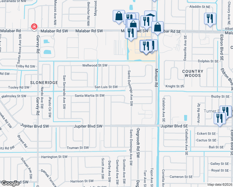 map of restaurants, bars, coffee shops, grocery stores, and more near 273 Santa Martia Street Southwest in Palm Bay