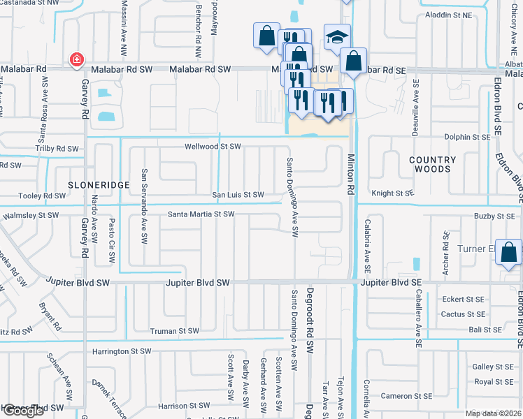 map of restaurants, bars, coffee shops, grocery stores, and more near 273 Santa Martia Street Southwest in Palm Bay