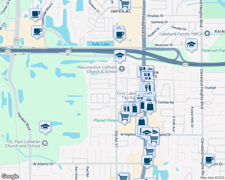 map of restaurants, bars, coffee shops, grocery stores, and more near 602 Lark Dr in Lakeland