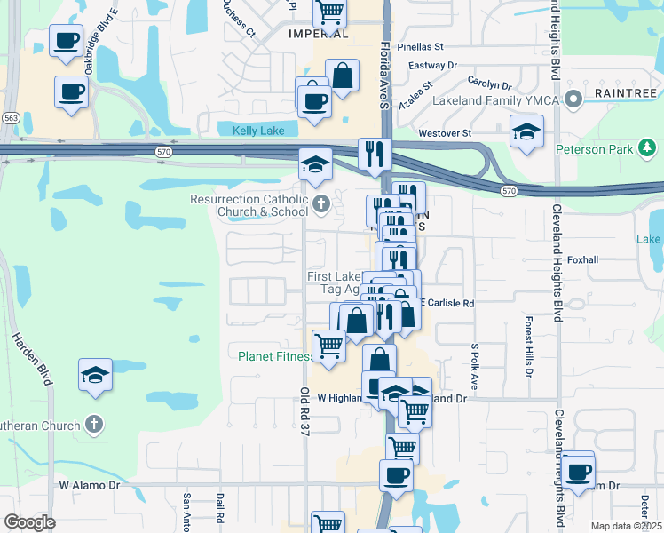map of restaurants, bars, coffee shops, grocery stores, and more near 4035 South Wellington Drive in Lakeland