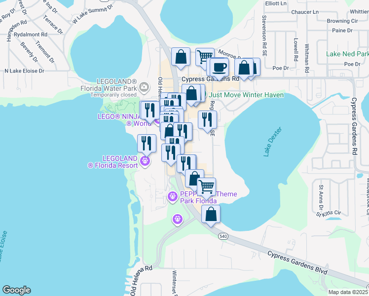 map of restaurants, bars, coffee shops, grocery stores, and more near 5860 Cypress Gardens Boulevard in Winter Haven