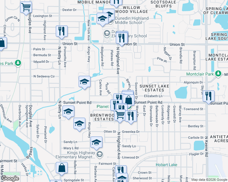 map of restaurants, bars, coffee shops, grocery stores, and more near 1481 Highland Cir in Clearwater