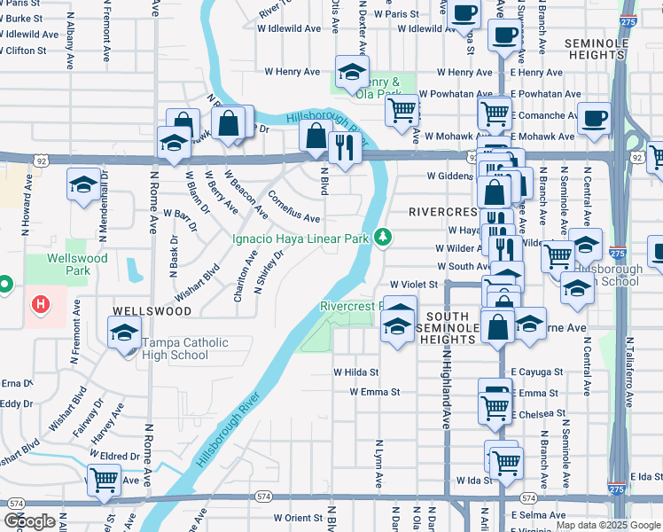 map of restaurants, bars, coffee shops, grocery stores, and more near 4927 North River Shore Drive in Tampa