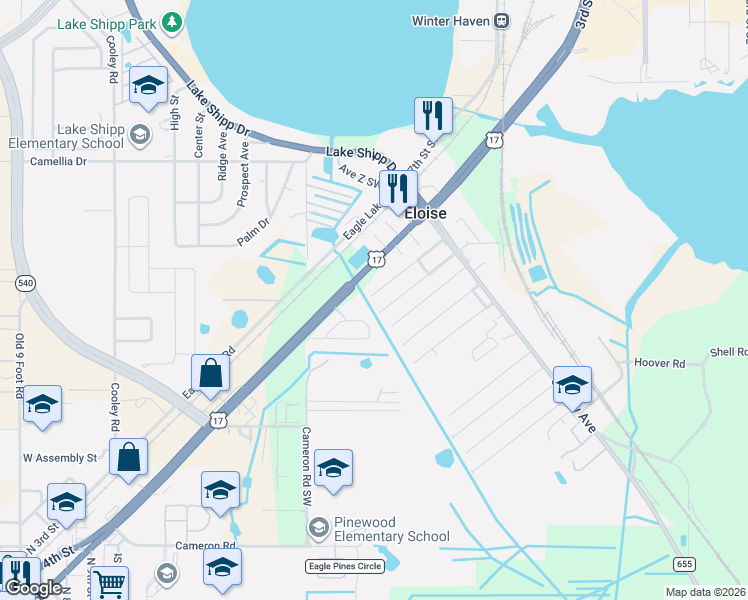 map of restaurants, bars, coffee shops, grocery stores, and more near 151 1st Street in Eloise
