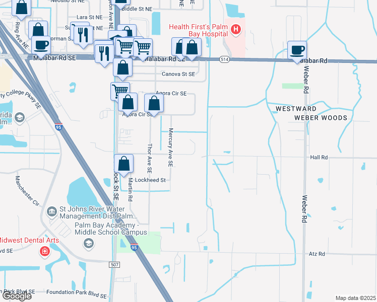 map of restaurants, bars, coffee shops, grocery stores, and more near 1891 Convair Street Southeast in Palm Bay