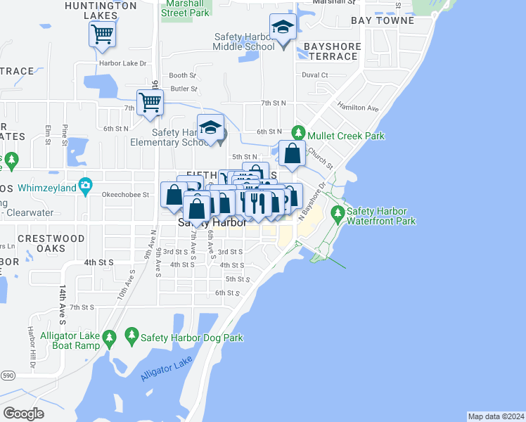 map of restaurants, bars, coffee shops, grocery stores, and more near 126 3rd Avenue North in Safety Harbor