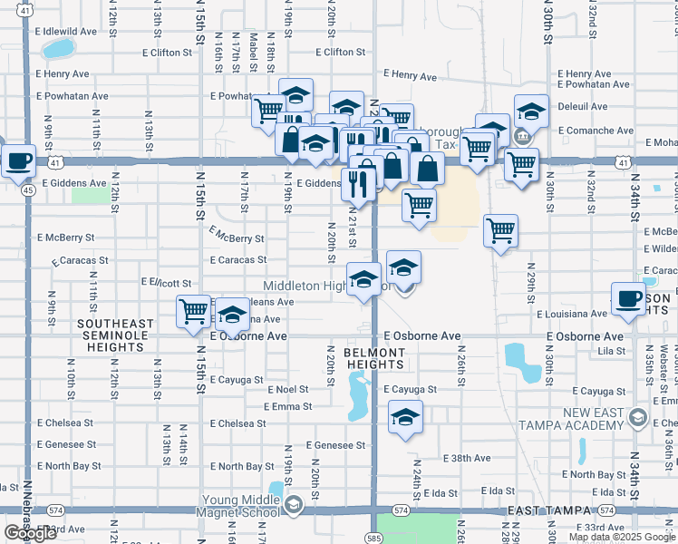 map of restaurants, bars, coffee shops, grocery stores, and more near 2103 East Caracas Street in Tampa