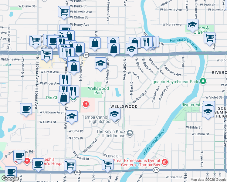 map of restaurants, bars, coffee shops, grocery stores, and more near 4913 North Darby Avenue in Tampa
