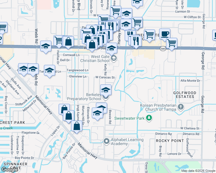 map of restaurants, bars, coffee shops, grocery stores, and more near 7505 West New Orleans Avenue in Tampa