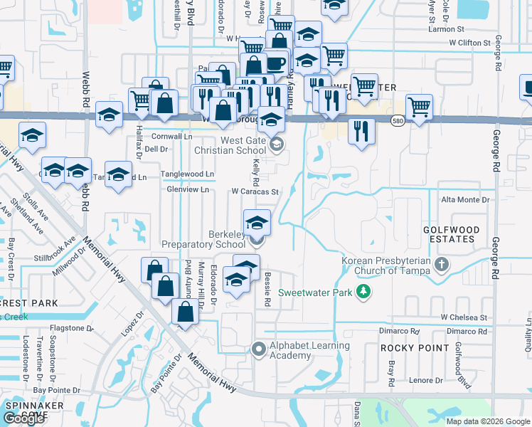 map of restaurants, bars, coffee shops, grocery stores, and more near 7505 West New Orleans Avenue in Tampa