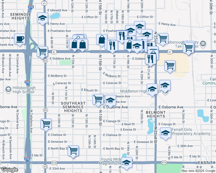 map of restaurants, bars, coffee shops, grocery stores, and more near 1514 East Ellicott Street in Tampa