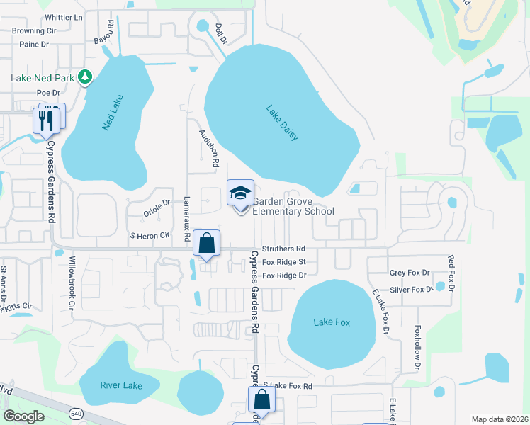 map of restaurants, bars, coffee shops, grocery stores, and more near 5118 Bird Lane in Winter Haven