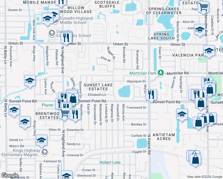map of restaurants, bars, coffee shops, grocery stores, and more near 1928 Nugget Drive in Clearwater