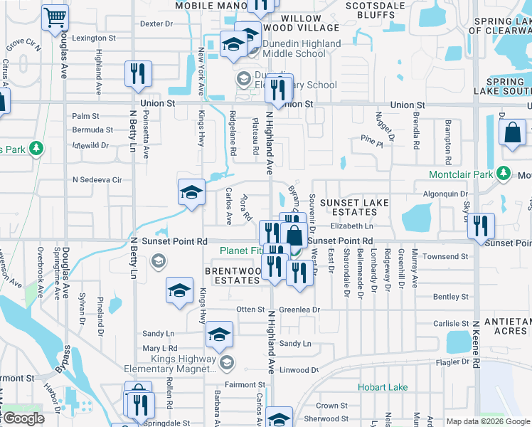 map of restaurants, bars, coffee shops, grocery stores, and more near 1920 North Highland Avenue in Clearwater