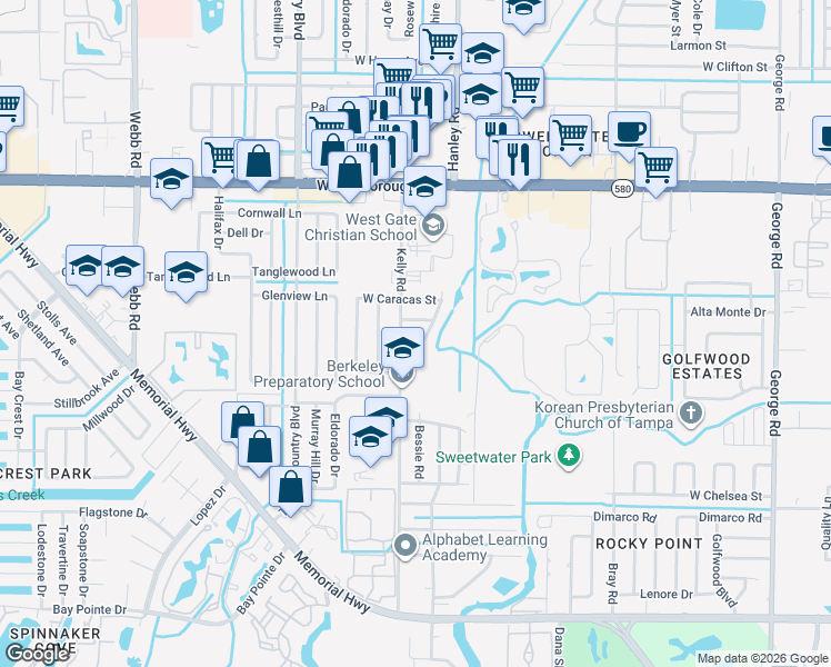 map of restaurants, bars, coffee shops, grocery stores, and more near 7505 West New Orleans Avenue in Tampa