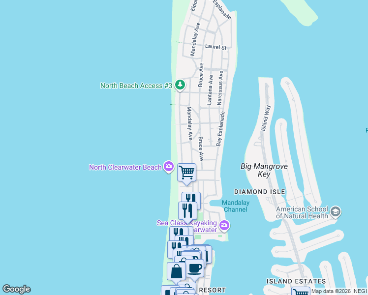 map of restaurants, bars, coffee shops, grocery stores, and more near 738 Mandalay Avenue in Clearwater