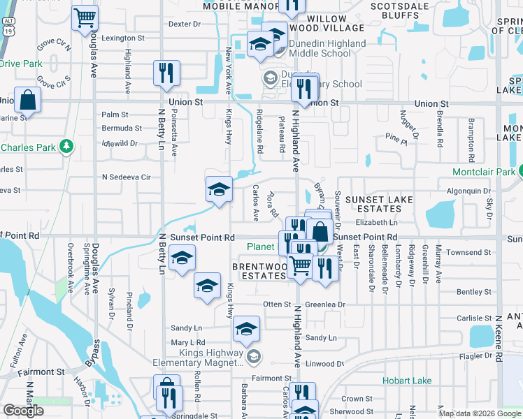 map of restaurants, bars, coffee shops, grocery stores, and more near 1925 Carlos Avenue in Clearwater