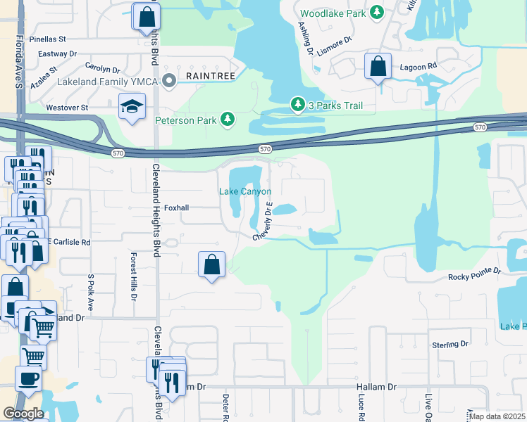 map of restaurants, bars, coffee shops, grocery stores, and more near 3937 Cheverly Drive East in Lakeland