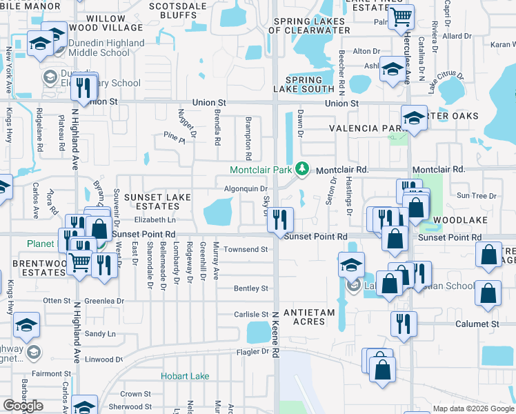 map of restaurants, bars, coffee shops, grocery stores, and more near 1941 Stardust Drive in Clearwater