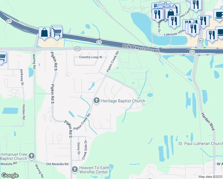 map of restaurants, bars, coffee shops, grocery stores, and more near Pine Forest Place in Lakeland