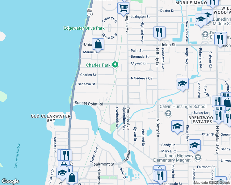 map of restaurants, bars, coffee shops, grocery stores, and more near 1936 Overbrook Avenue in Clearwater