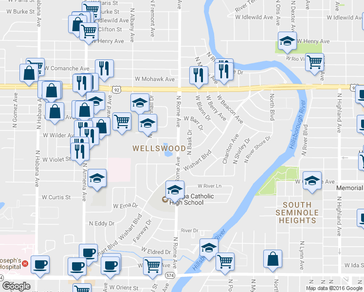 map of restaurants, bars, coffee shops, grocery stores, and more near 5115 North Rome Avenue in Tampa