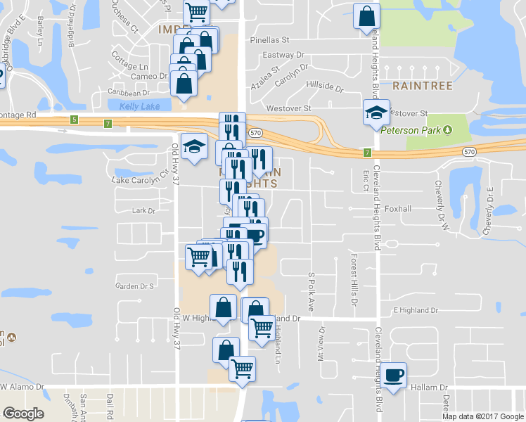 map of restaurants, bars, coffee shops, grocery stores, and more near 4021 South Carlisle Road in Lakeland