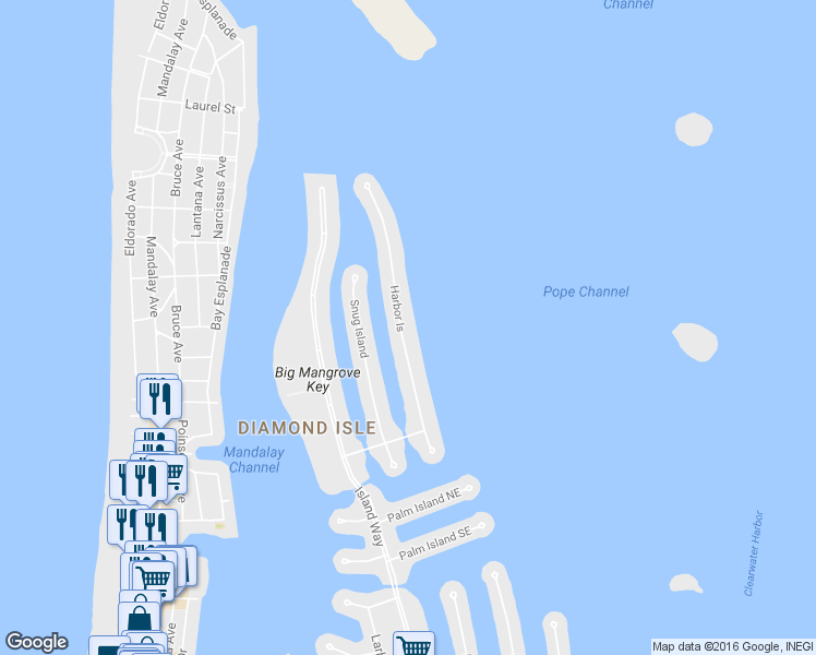 map of restaurants, bars, coffee shops, grocery stores, and more near 739 Harbor Island in Clearwater