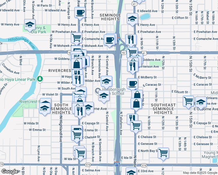 map of restaurants, bars, coffee shops, grocery stores, and more near 5011 North Central Avenue in Tampa