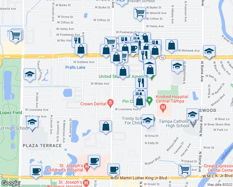 map of restaurants, bars, coffee shops, grocery stores, and more near 4912 North Arrawana Avenue in Tampa
