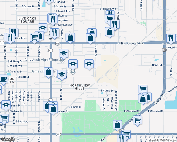 map of restaurants, bars, coffee shops, grocery stores, and more near 5020 North 47th Street in Tampa