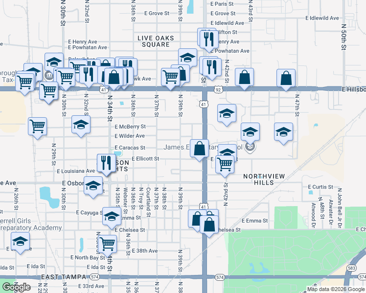 map of restaurants, bars, coffee shops, grocery stores, and more near 5011 North 39th Street in Tampa