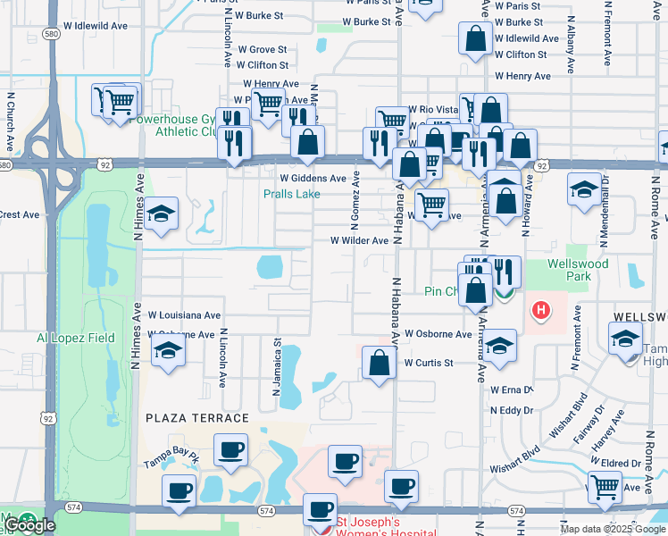 map of restaurants, bars, coffee shops, grocery stores, and more near 3002 West South Avenue in Tampa