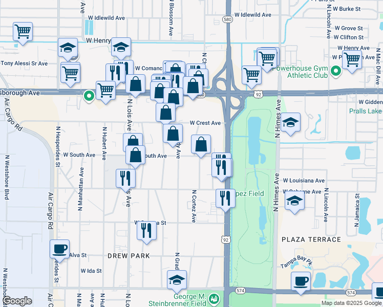 map of restaurants, bars, coffee shops, grocery stores, and more near 3919 West South Avenue in Tampa