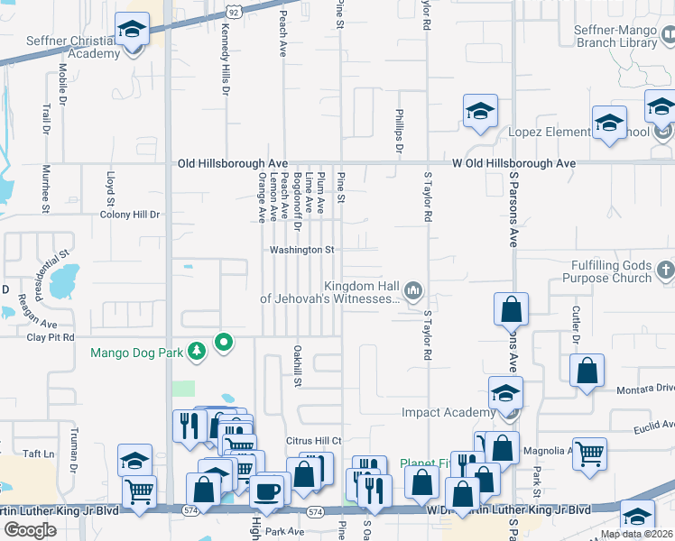 map of restaurants, bars, coffee shops, grocery stores, and more near 5230 Pine Street in Seffner
