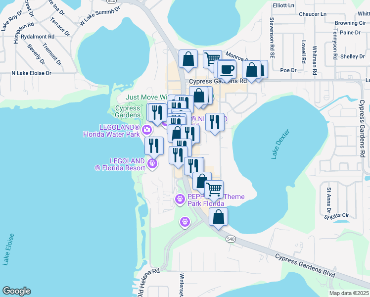 map of restaurants, bars, coffee shops, grocery stores, and more near Cypress Gardens Boulevard in Polk County