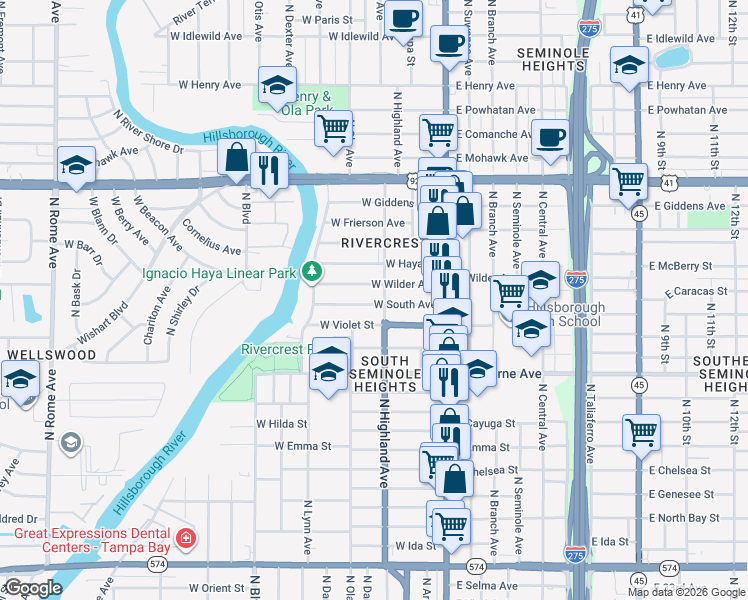 map of restaurants, bars, coffee shops, grocery stores, and more near 305 West South Avenue in Tampa
