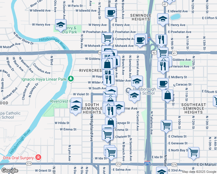 map of restaurants, bars, coffee shops, grocery stores, and more near 5000 North Florida Avenue in Tampa