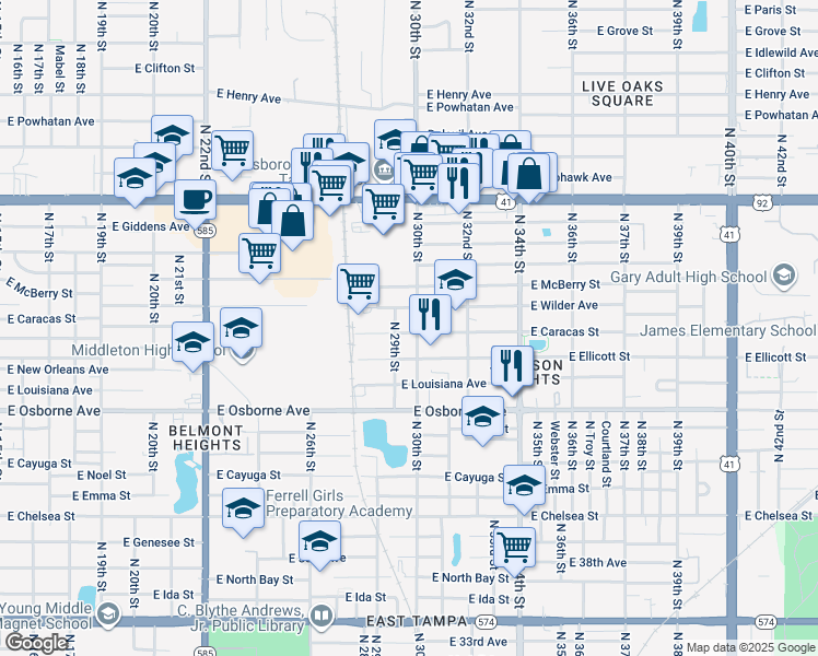map of restaurants, bars, coffee shops, grocery stores, and more near 5014 North 30th Street in Tampa