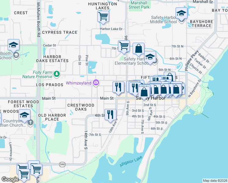 map of restaurants, bars, coffee shops, grocery stores, and more near 143 10th Avenue North in Safety Harbor