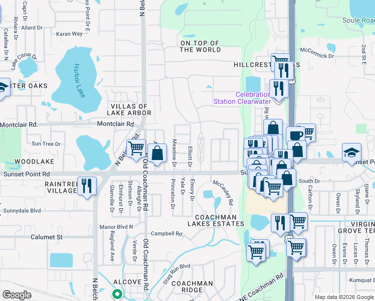 map of restaurants, bars, coffee shops, grocery stores, and more near 1942 Elliott Drive in Clearwater