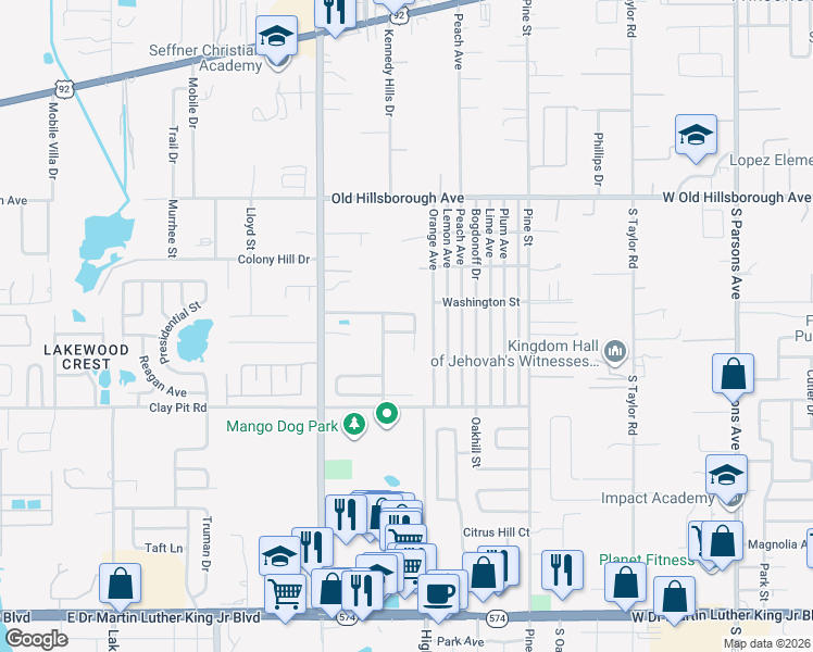 map of restaurants, bars, coffee shops, grocery stores, and more near 11814 Prickly Pear Way in Seffner