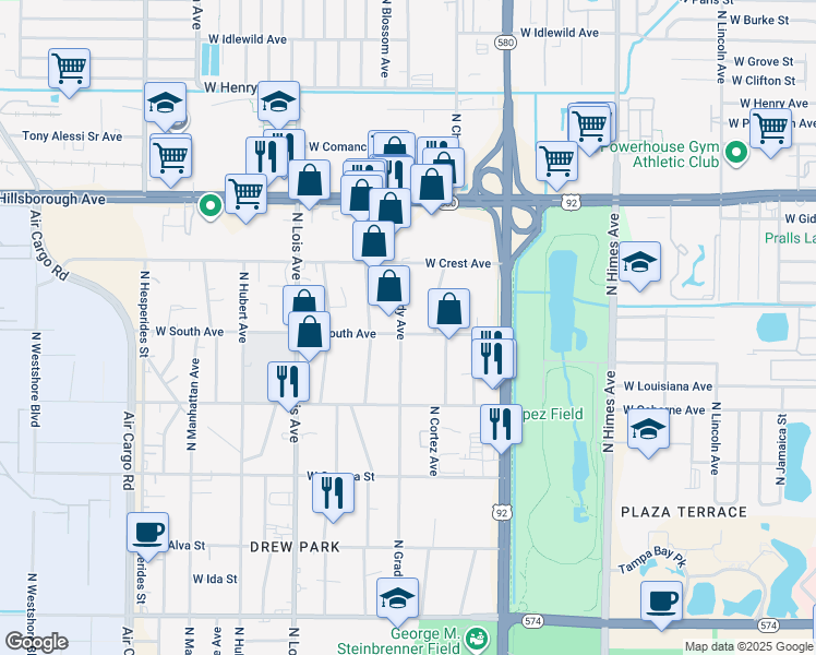 map of restaurants, bars, coffee shops, grocery stores, and more near 3919 West South Avenue in Tampa