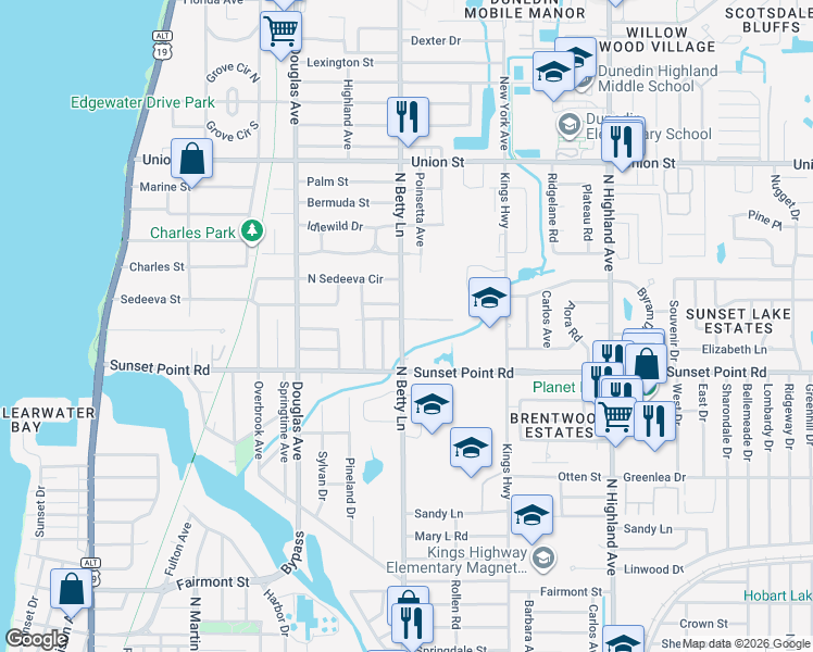 map of restaurants, bars, coffee shops, grocery stores, and more near 1969 North Betty Lane in Clearwater