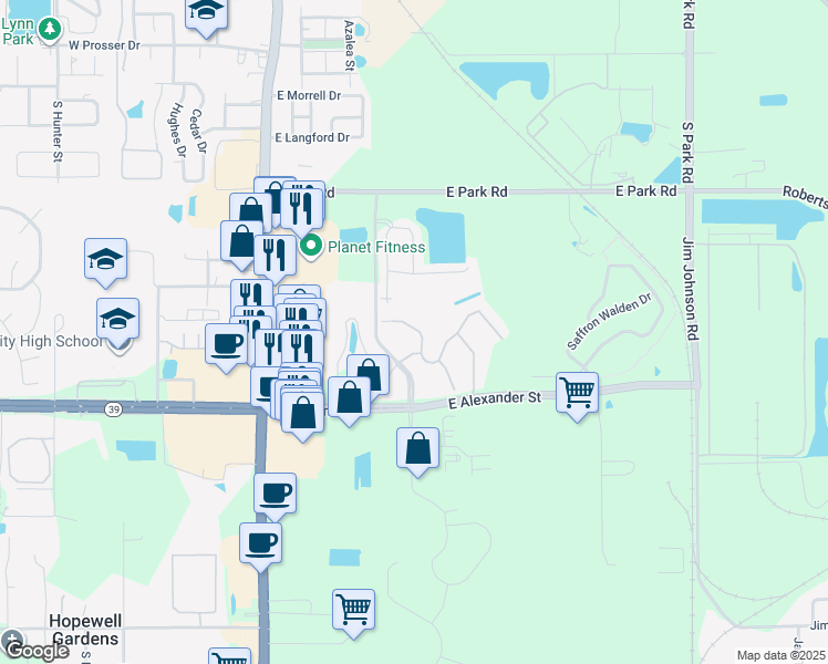 map of restaurants, bars, coffee shops, grocery stores, and more near 737 Ashentree Drive in Plant City