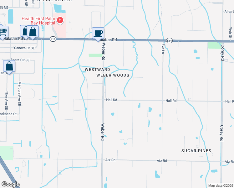 map of restaurants, bars, coffee shops, grocery stores, and more near 900 Hall Road in Malabar