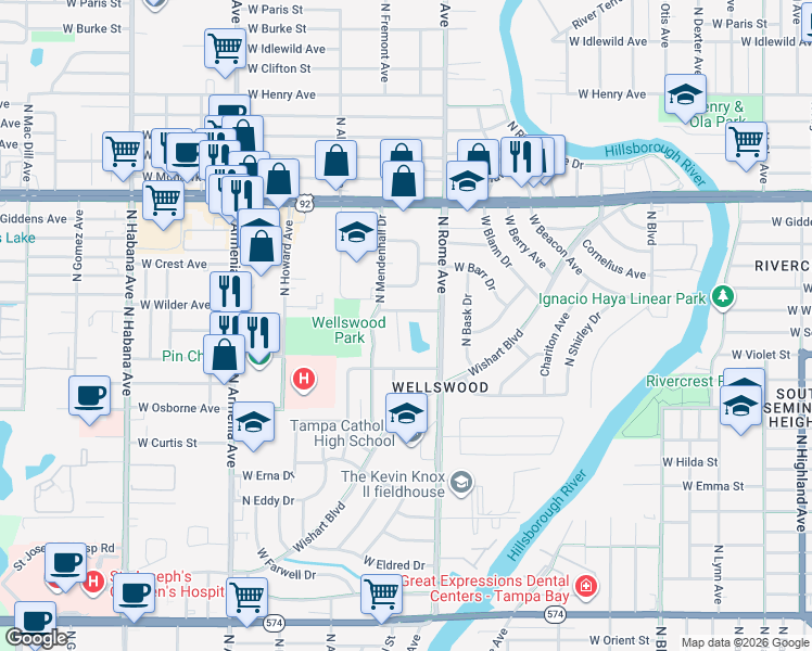map of restaurants, bars, coffee shops, grocery stores, and more near 4913 North Darby Avenue in Tampa